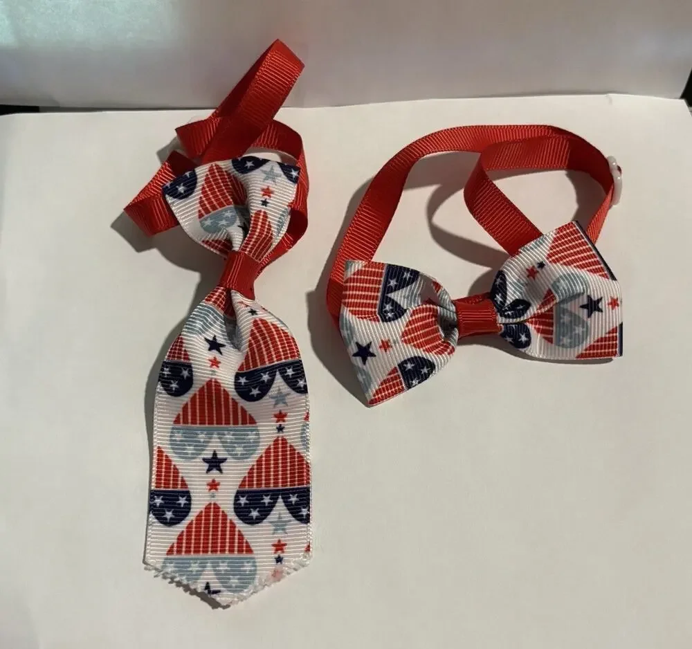 Bow Tie Necktie Set  250th July 4th USA Flag   RWB Hearts  Dog Cat  7